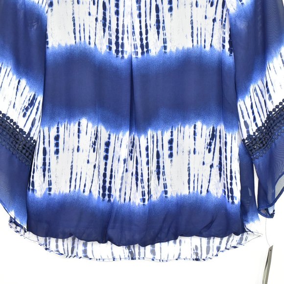 AB Studio Tie Dye Flare 3/4 Sleeve Top Small Navy Sheer Boho High Low Hippie - Picture 4 of 12